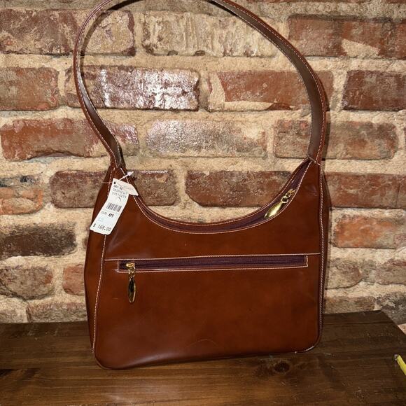 Talbots NWT Vintage Brown Patent Leather like Handbag Gold Accents Zipper Close - Picture 2 of 9